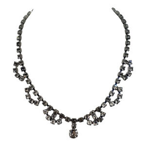 Vintage Rhinestone Necklace Silver Tone Bib Clear Crystal Drop Bridal J Hook